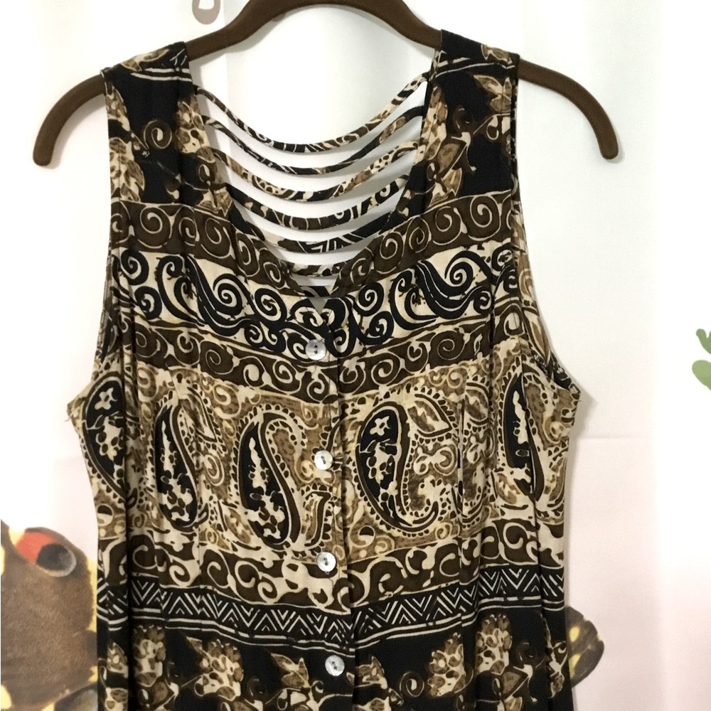 R&K Originals Maxi Dress Button Front Sleeveless Black/Brown Print Size 12 - Picture 2 of 6